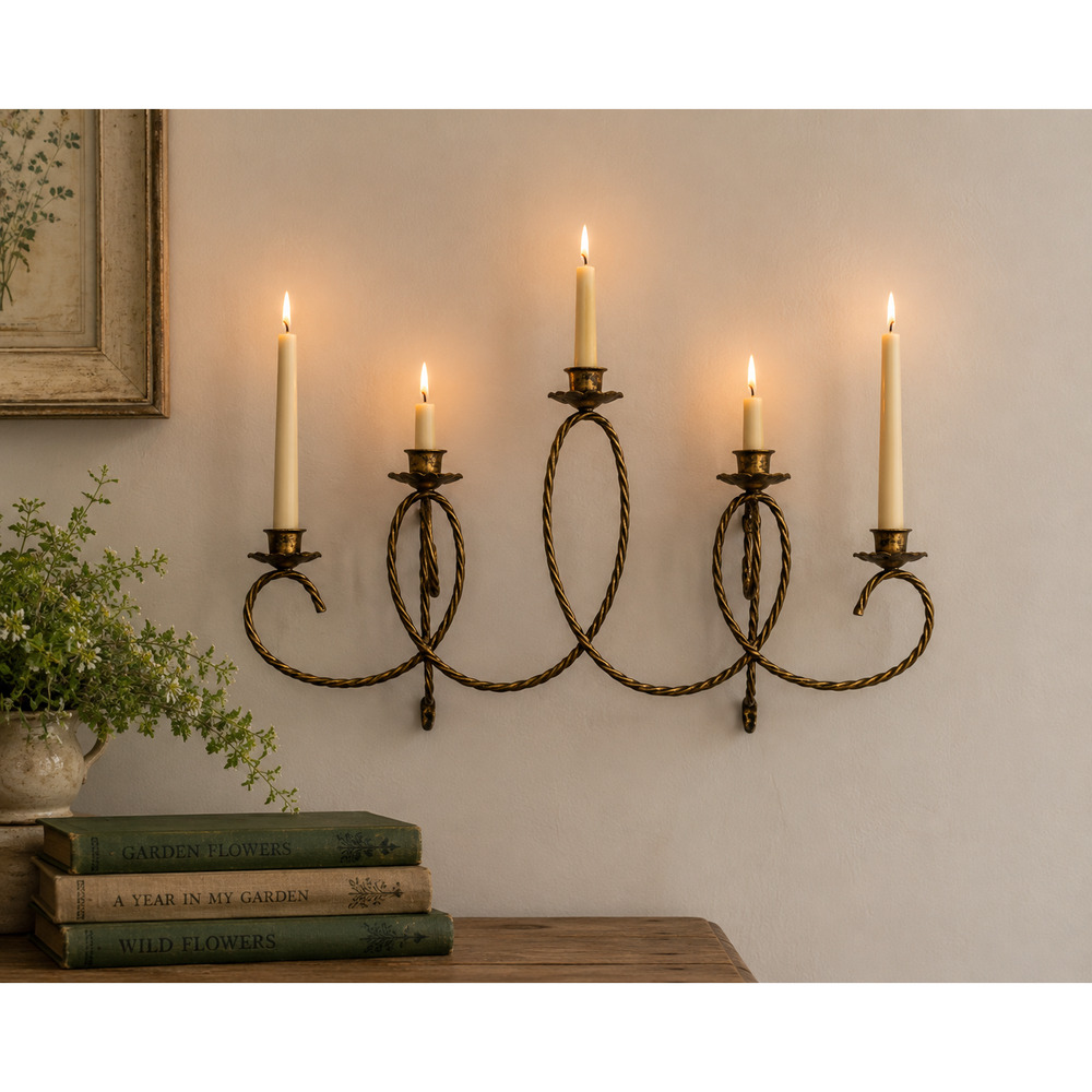 Vintage 5-Arm Metal Wall Sconce Candle Holder Gold Tone Twisted Rope Style